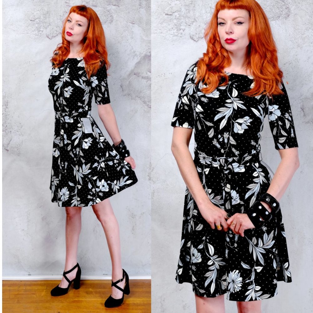 NWT Vanity Room black and blue floral a-line dress